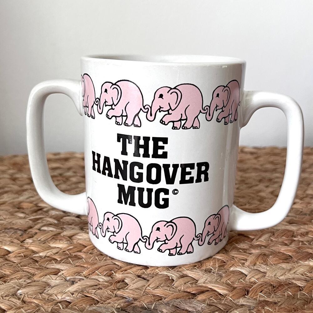 Vintage 1983 The Hangover Mug 2 Handles Pink Elephants Chadwick Miller Gag Funny